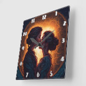 Twee vrouwen delen een kus in de schemering vierkante klok (Hoek)