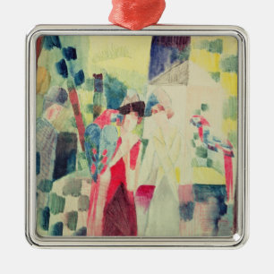 Twee vrouwen en een Man met Parrots, 20e eeuw Metalen Ornament