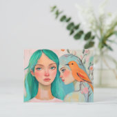 Twee vrouwen en een vogel briefkaart (Staand voorkant)