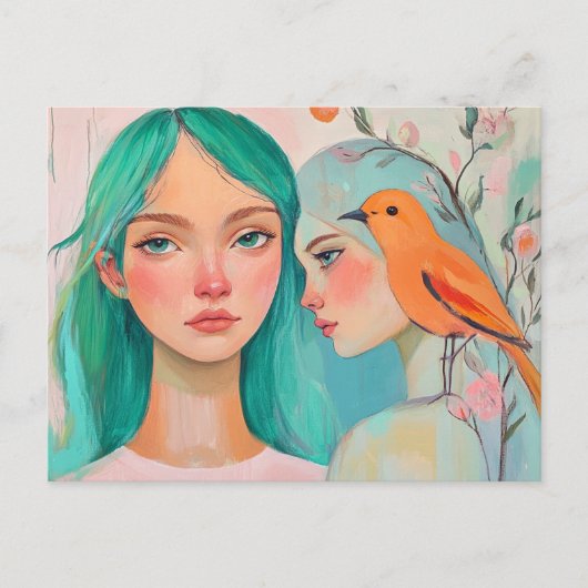 Twee vrouwen en een vogel briefkaart (Voorkant)
