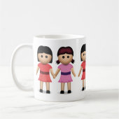 Twee vrouwen houden de handen in de Emoji Koffiemok (Links)