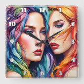 Twee vrouwen met kleurrijk haar en gedurfde uitdru vierkante klok (Voorkant)
