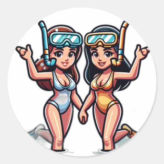 Twee vrouwen met snorkel ronde sticker (Voorkant)