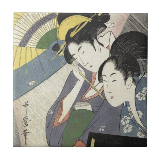 Twee vrouwen onder de paraplu Kitagawa Utamaro Tegeltje (Voorkant)