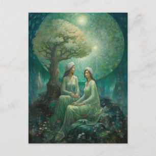 Twee vrouwen onder een boom op de nacht van volle  briefkaart