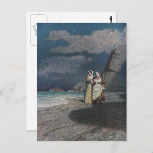 Twee vrouwen op een grijs winkelstrand bij nacht briefkaart (Voorkant / Achterkant)