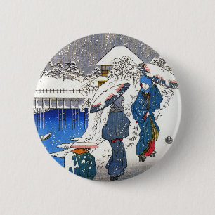 Twee vrouwen praten in de sneeuw, Ando Hiroshige Ronde Button 5,7 Cm
