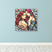 Twee vrouwen verliefd | Faux Mosaic Tegel Style Canvas Afdruk (Insitu (Houten vloer))