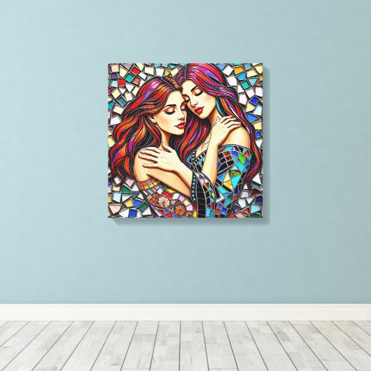 Twee vrouwen verliefd | Faux Mosaic Tegel Style Canvas Afdruk (Insitu (Houten vloer))