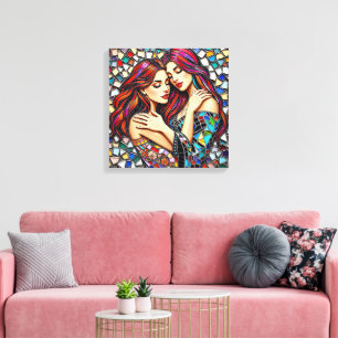 Twee vrouwen verliefd Faux Mosaic Tegel Style Canvas Afdruk