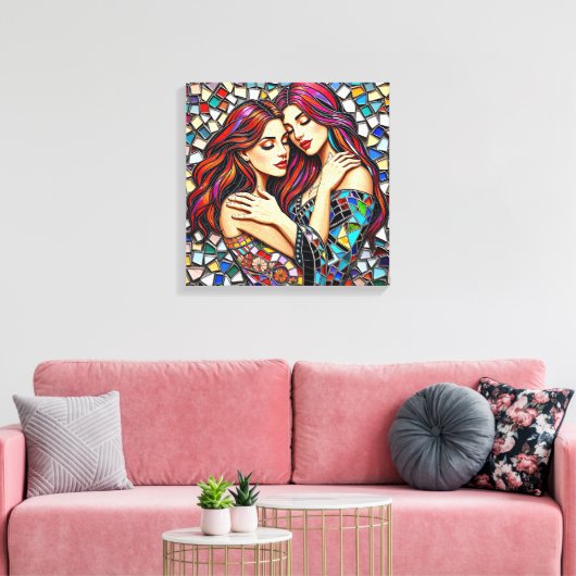 Twee vrouwen verliefd | Faux Mosaic Tegel Style Canvas Afdruk (Insitu (Woonkamer))