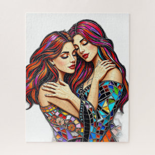 Twee vrouwen verliefd Faux Mosaic Tegel Style Legpuzzel