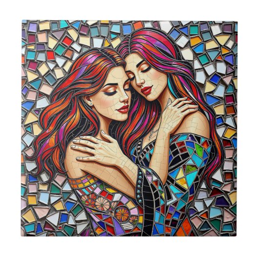 Twee vrouwen verliefd | Faux Mosaic Tegel Style Tegeltje (Voorkant)