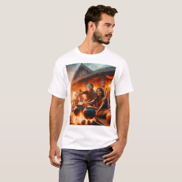 Twee vrouwen zitten rond een vuur met een pot voor t-shirt