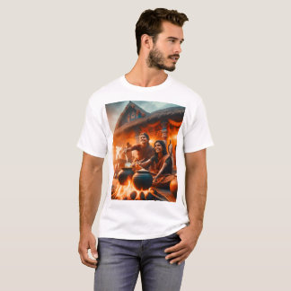 Twee vrouwen zitten rond een vuur met een pot voor t-shirt