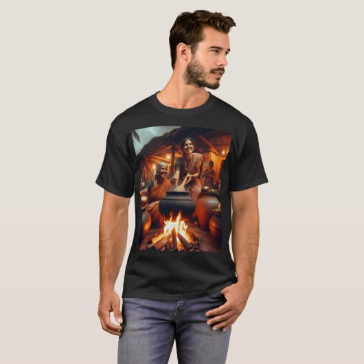 Twee vrouwen zitten rond een vuur met een potje in t-shirt (Voorkant volledig)