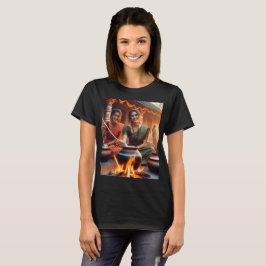 Twee vrouwen zitten rond een vuur met potten en pa t-shirt