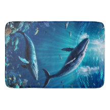 Twee walvissen zwemmen tussen tropische vissen