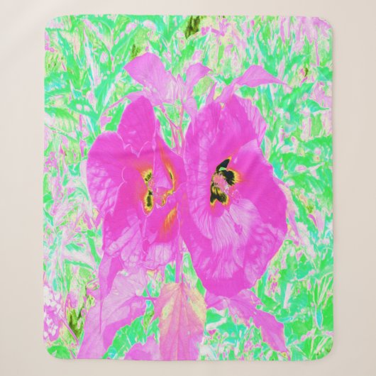 Twee warme roze plum Crazy Hibiscus op Lime Green Sherpa Deken (Voorkant)