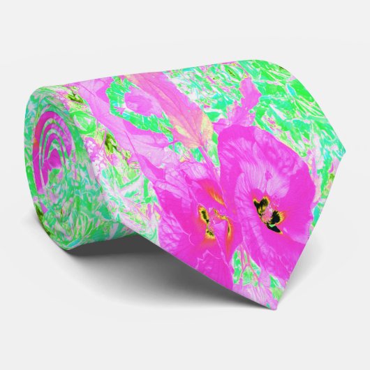 Twee warme roze plum Crazy Hibiscus op Lime Green Stropdas (Opgerold)