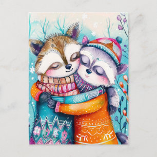 Twee wasberen knuffelen in de winter briefkaart