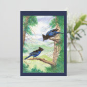 Twee Waterverf Stellar Jay Vogelbomen Kaart (Staand voorkant)