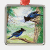 Twee Waterverf Stellar Jay Vogelbomen Metalen Ornament (Voorkant)