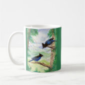 Twee Waterverf Stellar Jay Vogels Bosbomen Koffiemok (Links)