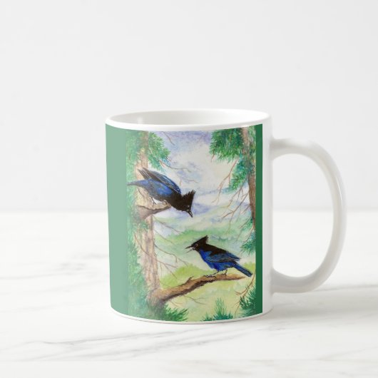 Twee Waterverf Stellar Jay Vogels Bosbomen Koffiemok (Rechts)