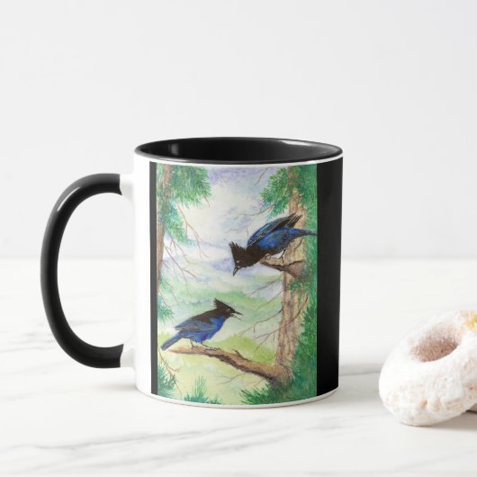 Twee Waterverf Stellar Jay Vogels Bosbomen Mok (Met donut)