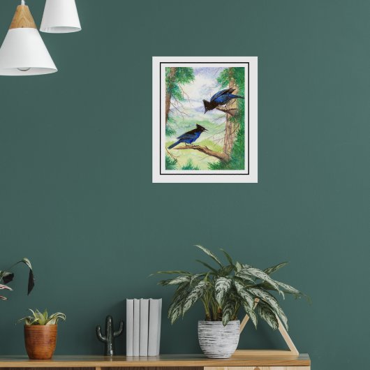 Twee Waterverf Stellar Jay Vogels Bosbomen Poster (Woonkamer 1)