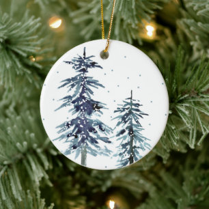 Twee Waterverf Winter Pine Trees 2 gift labels Keramisch Ornament