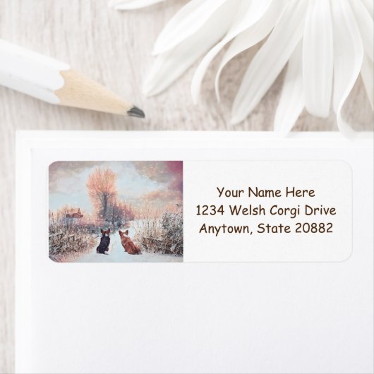 Twee Welsh Corgis First Snow Etiket (Insitu)