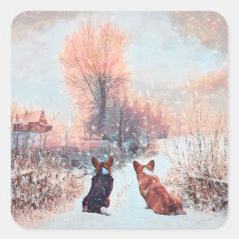 Twee Welsh Corgis First Snow Vierkante Sticker