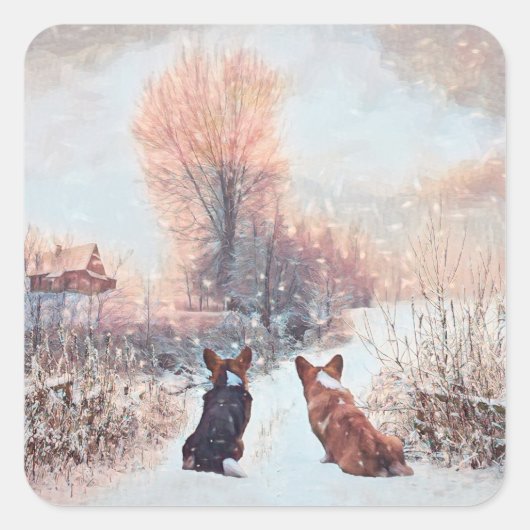 Twee Welsh Corgis First Snow Vierkante Sticker (Voorkant)