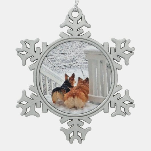 Twee Welsh Corgis in de sneeuwversier Tin Sneeuwvlok Ornament (Voorkant)