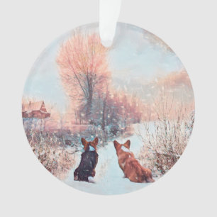 Twee Welsh Corgis in sneeuw Ornament