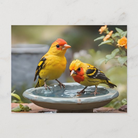 Twee Westerne Tanager-vogels staan in vogelbad Briefkaart (Voorkant)