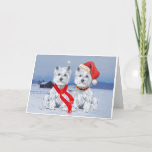 Twee Westies op een winteravond Feestdagen Kaart