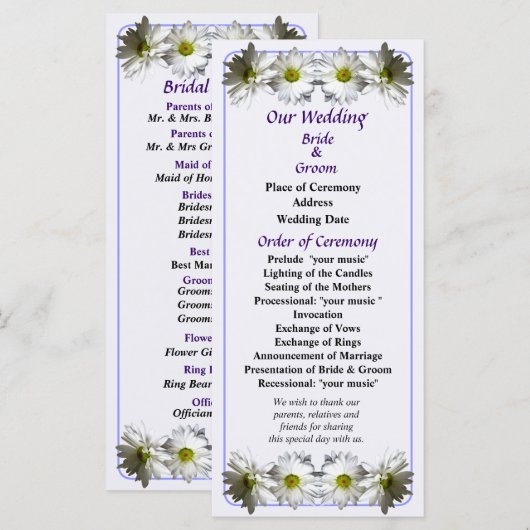 Twee White Frilly Daisies Wedding Programme Programmakaart (Voorkant / Achterkant)