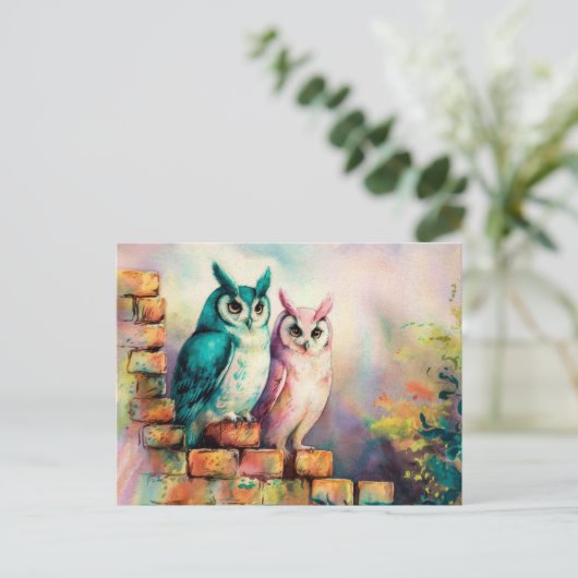 Twee wijze uilen Waterverf AI Art Briefkaart (Staand voorkant)