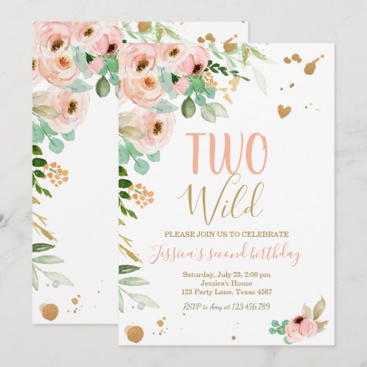 Twee Wild 2e Verjaardag Uitnodiging Bloemen Roze G (Voorkant / Achterkant)