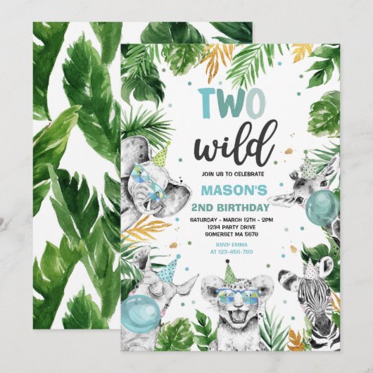Twee Wild Birthday Gold Safari Oerwoud Animals Par Kaart (Voorkant / Achterkant)
