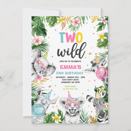 Twee Wild Birthday Gold Safari Oerwouden Partij Kaart (Voorkant)
