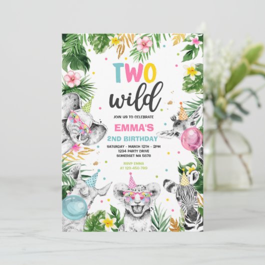 Twee Wild Birthday Gold Safari Oerwouden Partij Kaart (Staand voorkant)