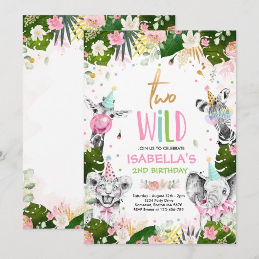 Twee Wild Birthday Gold Safari Oerwouden Partij Kaart (Voorkant / Achterkant)