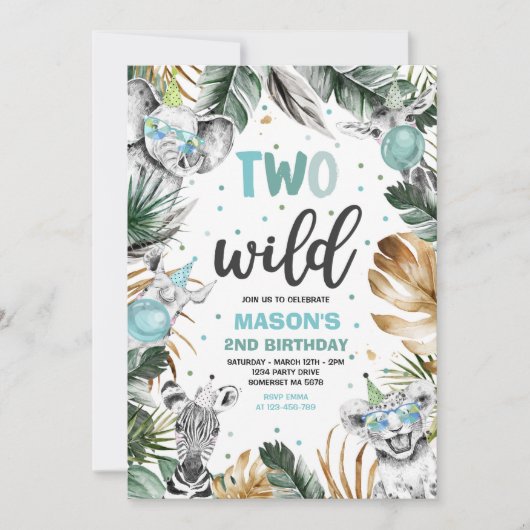 Twee Wild Birthday Gold Safari Oerwouden Partij Kaart (Voorkant)