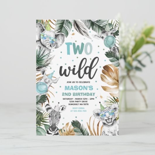 Twee Wild Birthday Gold Safari Oerwouden Partij Kaart (Staand voorkant)