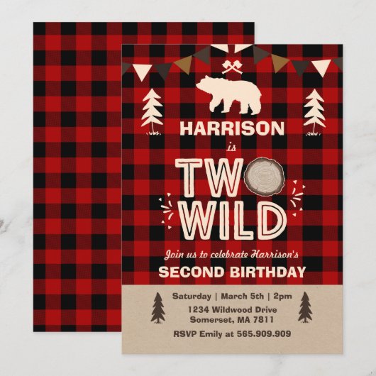 Twee Wild Birthday Invitation Lumberjack Two Wild Kaart (Voorkant / Achterkant)