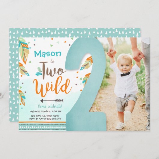 Twee Wild Boho Tribal Feathers Boy Tweede verjaard Kaart (Voorkant / Achterkant)